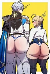 ahoge ai ai_generated artoria_pendragon big_ass big_ass_(male) bigger_male blonde_hair blush fate/stay_night fate_(series) honkai:_star_rail jealous phainon_(honkai:_star_rail) saber shocked_expression smile thong white_hair