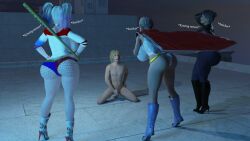 3d anonymous_male ass big_ass big_breasts booty_shorts breasts dc dc_comics female harley_quinn karen_starr lanifangelkiss light-skinned_female light-skinned_male light_skin male multicolored_hair penis power_girl self_insert selina_kyle short_sleeves small_penis small_penis_humiliation suicide_squad
