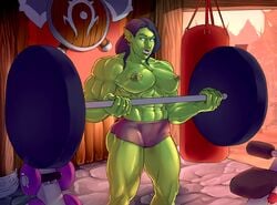 abs black_hair blue_eyes breasts exercise female green_skin large_breasts monster_girl muscular_female navel orc orc_female piercing pointy_ears shorts solo wahafagart weightlifting weights