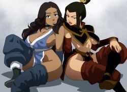 2girls avatar:_the_legend_of_korra avatar_(series) avatar_the_last_airbender azula bare_shoulders black_hair blue_eyes boots breasts brown_eyes brown_hair choker cleavage clothing coolerinker covered_nipples crossed_legs dark-skinned_female dark_skin detached_leggings female female_only footwear inker_comics inkershike japanese_clothes jewelry katara large_breasts leg_warmers lips lipstick long_hair looking_at_viewer makeup multiple_girls ninja no_bra no_panties pelvic_curtain ponytail red_lips short_hair sideboob single_hair_bun sitting thighhighs thighs topknot underboob vambraces yellow_eyes