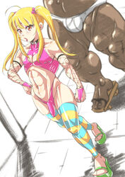 1boy androgynous arm_gloves barbell_piercing barefoot bimbo bimbofication blonde bridal_gauntlets briefs bulge cleavage_cutout crossdressing eyeshadow femboy feminization fishnet footwear geta girly hand_on_hip high_heels hourglass_figure lipstick long_hair looking_at_viewer makeup male_focus medium_penis muscular nipple_piercing open_toe_shoes outie_navel pink_eyeshadow platform_heels sissification sissy smile striped_legwear thighhighs trap twintails underwear walking zxcv