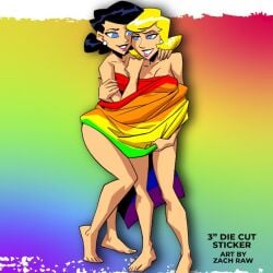 1950s 2girls 50s betty black_hair blonde-haired_female blonde_female blonde_hair blue_eyes canon_couple earrings earrings_only female female_focus female_only flag legs naked naked_female naked_under_cloak naked_underneath nude nude_female pride_colors pride_flag pride_month rainbow_background rainbow_flag sexy short_hair size_difference the_misadventures_of_bombshell_&_atomica thighs veronica wrapped_around_another yuri zach_raw zachraw