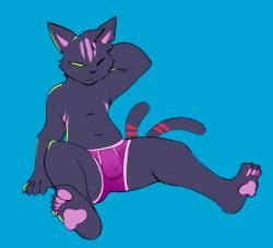 2024 2_tails 5_fingers 5_toes anthro biped black_nose blue_background boxer_briefs bulge cheek_tuft chest_markings claws clothed clothed_anthro clothed_male clothing detailed_bulge digital_media_(artwork) domestic_cat empty_eyes epic_games facial_markings facial_tuft feet felid feline felis finger_claws fingers fortnite fur green_eyes hand_behind_head head_markings hi_res hindpaw male male_anthro mammal markings multi_tail navel nyanja_(fortnite) one_eye_closed pawpads paws pointy_ears purple_clothing purple_inner_ear purple_markings purple_pawpads purple_underwear red_markings simple_background smite_(artist) solo tail tail_markings toe_claws toes tuft underwear underwear_only