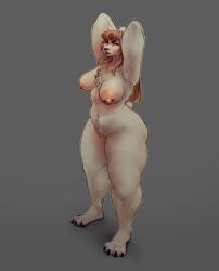 angie_(cremekuma) anthro barely_visible_genitalia barely_visible_vulva bear breasts cremekuma female fur genitals grey_background grey_body grey_fur hair hands_behind_head hi_res mammal nipple_piercing nipples nude nude_anthro nude_female orange_hair piercing pose pussy simple_background solo thick_thighs vulva