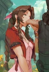 -_-abc 1boy 1girls aerith_gainsborough ai_generated blowjob brown_hair city day dress female final_fantasy final_fantasy_vii male obscured_face on_knees town