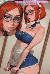 absurd_res ai_art ai_generated ass ass_up ben_10 caption cartoon_network eyewear garter_straps glasses gwen_tennyson hairclip hi_res highres interracial lazyrainbow maid maid_apron maid_headdress maid_outfit maid_uniform nerd nerdy_female patreon patreon_url patreon_username sadtomato short_hair standing thighhighs