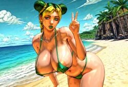 1girls 3d 3d_(artwork) accurate_art_style ai_generated all-star_battle anime_girl areola_slip artstyle_imitation beach beach_background big_breasts bikini breasts breasts_bigger_than_head cujoh_jolyne female female_focus female_only green_bikini green_eyes green_eyes_female green_hair green_hair_female green_lipstick hair_bun huge_breasts illustrious_(stable_diffusion) jojo's_bizarre_adventure jojo's_bizarre_adventure_all_star_battle jojo_no_kimyou_na_bouken jolyne_cujoh jolyne_kujo kujo_jolyne large_breasts lipstick looking_at_viewer ocean palm_tree peace_sign sand solo solo_female solo_focus stone_ocean style_emulation style_imitation style_parody tagme thick_thighs two_tone_hair video video_game_franchise yellow_hair yellow_hair_female