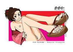 barbacock breasts brown_eyes brown_hair cum cum_on_feet cum_on_toes feet foot_fetish fuu geta nail_polish painted_nails pink_nail_polish pink_nails pussy samurai_champloo sandals short_hair toes