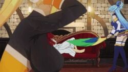 1boy 3girls animated aqua_(konosuba) aqua_hair ass between_breasts blonde_hair bouncing_breasts breasts darkness_(konosuba) dress female huge_breasts kono_subarashii_sekai_ni_shukufuku_wo! long_hair male multiple_girls on_sofa satou_kazuma skirt tagme wiz_(konosuba)