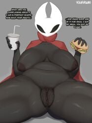 1girls 2_horns 5_fingers areola arthropod bag belly beverage big_areola big_breasts big_thighs black_body breasts burger chubby clothing fast_food feederism female fingers genitals hairy_pussy hi_res holding_beverage holding_object hollow_knight hornet_(hollow_knight) insect_girl insects looking_at_viewer mommy monster_girl navel no_bra no_human no_humans no_panties presenting_pussy pubic_hair red_cloak red_clothing simple_background sitting solo solo_female standing sweat team_cherry text vexyfursure vulva weaver_(species) weight_gain
