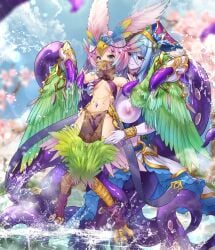 2girls absurdres animal_ears bird_ears bird_legs bird_tail blue_hair blue_pupils blush breasts carol_(clover_theater) clover_theater colored_skin commentary_request consensual_tentacles feathers female green_feathers green_wings hair_ornament harpy headdress highres imola_(clover_theater) jewelry large_breasts long_hair monster_girl mouth_veil multiple_girls navel pelvic_curtain pink_hair purple_eyes purple_skin red_eyes scylla slime_(substance) small_breasts tail talons tentacle veil water winged_arms wings xiaomu314 yuri