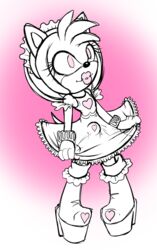 amy_rose anthro big_lips bimbo bimbofication black_and_white bulge femboy frilly heart hedgehog high_heels kneehighs maid_headdress maid_uniform male male_only mascara pink_background pink_eyes platform_heels redflare500 rule_63 sega sissy skirt_pull solo sonic_(series) thick_lips trap