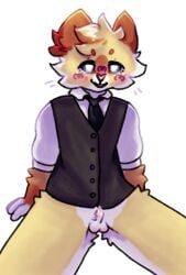 blonde_hair blue_eyes bow broom furry gloves male penis shirt simple_background small_penis solo vest white_background