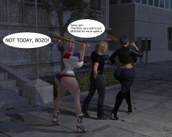 1boy 2girls 3d anonymous_male ass baseball_bat batman_(series) big_ass booty_shorts dc dc_comics english_text female fully_clothed harley_quinn high_heel_boots high_heels huge_ass lanifangelkiss large_ass light-skinned_female light-skinned_male light_skin male multicolored_hair multiple_girls self_insert selina_kyle speech_bubble suicide_squad suicide_squad_(2016)