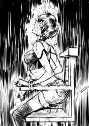 1girls ass biku black_hair bondage bra_strap breasts chair female greyscale omorashi original peeing peeing_self short_hair shorts strap_slip tears thighhighs wetting wetting_self zoe_(biku)
