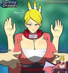 1boy 1girls artist_logo blue_eyes breast_poke breasts breeze_dancer cleavage clothing clumsydrawer english_language english_text eyeshadow female huge_breasts japanese_clothes large_breasts lipstick looking_down makeup male naruto naruto_online pink_eyeshadow pink_lipstick poking sarashi self_upload short_hair solo_focus surprised text traditional_clothes tsurara updo url video_game_character wafuku watermark yellow_hair