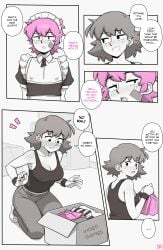 1girls 2boys big_breasts breasts comic comic_page dialogue dross female jacob_(dross) light-skinned_male light_skin maid maid_uniform male nipples pecs pink_hair roxanne_(dross) tagme taylor_(dross) text