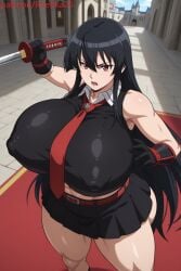 ai ai_generated akame_(akame_ga_kill!) akame_ga_kill! ass belt big_ass big_breasts black_hair black_shirt black_skirt breasts dratvan_(style) erect_nipples female huge_ass huge_breasts hyper_ass hyper_breasts katana necktie nipples red_eyes red_gauntlets red_tie reenka25 tie weapon