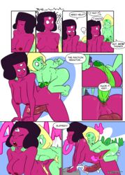 2futas 3_eyes anal_impregnation anal_pregnancy black_hair comic cum_inside dialogue english english_text full-package_futanari futa_on_futa futanari garnet_(steven_universe) gem_(species) gem_fusion green_skin intersex larger_futanari mounted mounting penetration peridot_(steven_universe) purple_skin small_dom_big_sub smaller_futanari smutichi steven_universe straddling yellow_hair