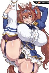 1girls ass blannis_art breasts daiwa_scarlet_(umamusume) female female_focus female_only horse_girl large_ass large_breasts light-skinned_female light_skin looking_at_viewer one_leg_up skirt solo tail thick_thighs thighs umamusume wide_hips