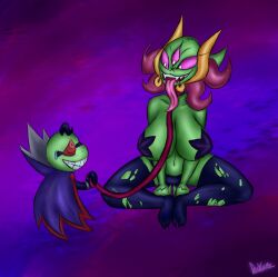 2025 background big_breasts breasts cloak clothed color couple covered_nipples digital_media_(artwork) dominant_male duxeite fan_character fangs fawful feet female femengumisi glasses green_body horns latex leash leash_and_collar looking_at_another looking_at_partner male mario_(series) mario_and_luigi:_bowser's_inside_story mario_and_luigi_(series) monster_girl nervous_smile obedience pasties pixiv_link signature sitting stars sweatdrop tall_female teeth thighhighs tongue tongue_out
