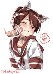 1boy 1girls admiral_(kantai_collection) animal_ears bar_censor blush brown_eyes brown_hair censored closed_mouth clothed clothed_female collar commentary_request disembodied_penis dog_collar dog_ears ebifurya embarrassed eyebrows_visible_through_hair female female_focus gloves highres kantai_collection kemonomimi_mode long_hair looking_at_viewer male multi_ear neckerchief one_eye_closed penis_on_cheek penis_on_face ponytail sailor_collar school_uniform serafuku shikinami_(kantai_collection) short_sleeves simple_background solo_focus spoken_squiggle squiggle straight twitter_username white_background white_gloves young