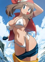1girls arm_behind_head arm_up bandana beach bike_shorts bikini bikini_bottom bikini_under_clothes blue_eyes blue_sky blush breasts brown_hair cleavage closed_mouth clothing cloud collarbone coolerinker covered_nipples day female female gloves highleg highleg_bikini inker_comics inkershike large_breasts looking_at_viewer may_(pokemon) medium_hair navel ocean open_clothes open_shirt outdoors pokemon pokemon_(game) pokemon_character pokemon_ruby_sapphire_&_emerald protagonist_(pokemon) red_bandana red_shirt shirt short_sleeves shorts shorts_pull side-tie_bikini_bottom side-tie_clothing side-tie_swimsuit sky smile solo standing stomach swimsuit thighs wading water white_bikini white_swimsuit