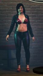 3d 3d_(artwork) absurd_res absurdres alternate_outfit amanda_de_santa black_fingernails black_hair black_leggings blue_eyes chain_necklace cleavage dionys_ramirez dyed_hair earrings edited_screencap expressionless grand_theft_auto grand_theft_auto_v high_heels highres large_breasts large_tits leggings married_woman mature_woman milf mother navel open_jacket pink_lipstick red_bikini_top red_high_heels rockstar_editor rockstar_games short_hair source_request standing standing_at_attention text