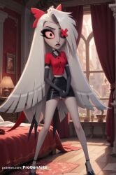 1girls ai_generated artist_name bed bedroom black_choker black_footwear black_gloves black_skirt bow breasts choker colored_sclera curtains demon_girl elbow_gloves eyepatch fingerless_gloves full_body gloves grey_hair hair_over_one_eye hairbow hazbin_hotel hi_res high_heels indoors legs_apart long_hair looking_at_viewer miniskirt one_eye_covered progenarts pussy red_bow red_shirt shirt short_sleeves skirt solo standing vaggie_(hazbin_hotel) very_long_hair window