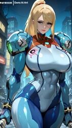 ai_generated big_breasts blonde_hair bodysuit breasts dans_ai female huge_breasts large_breasts metroid ponytail samus_aran solo