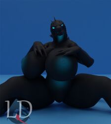 big_breasts blender_(artwork) blender_cycles blue_nipples breasts claws digital_media_(artwork) female glowing glowing_body godzilla godzilla_(series) hand_on_breast lustfuldemon nipples nude solo thick_thighs toho wide_hips