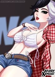 artist_name big_breasts bikini_top black_hair busty darkxenssei heterochromia jean_shorts leaning_back light-skinned_female light_skin luna_snow luna_snow_(marvel_rivals) marvel marvel_rivals open_shirt red_lipstick shorts slim_waist white_hair