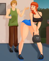 1boy 1girls battalion113 bent_over black_bra blue_eyes blue_shorts booty_shorts bottle breasts brown_hair brown_pants cleavage clothing duo exercise exercise_clothing female full_body green_tank_top holding_water_bottle holding_weights human human_only light-skinned_female light-skinned_male light_skin looking_back looking_back_at_another male male/female mammal mature mature_female mature_male oc open_mouth orange_hair outdoors pants scooby-doo shaggy_rogers shoes shorts tank_top thick_thighs thighs voluptuous voluptuous_female water_bottle weights