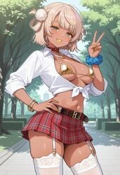 1girls ai_generated big_breasts breasts civitai day female garter_straps gyaru indie_virtual_youtuber looking_at_viewer outdoors outside park peace_sign shigure_ui_(vtuber) skirt solo stockings tan tan-skinned_female tan_body tan_skin v v_sign virtual_youtuber white_stockings zlia