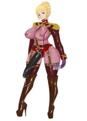 adapted_costume belt blonde_hair blue_eyes bodysuit boots breasts cecilia_irene commentary_request condom covered_nipples dildo dominatrix female full_body gloves gundam gundam_gquuuuuux hair_bun high_heel_boots high_heels highres huge_breasts komii large_breasts latex latex_bodysuit latex_boots latex_gloves looking_at_viewer lube military_uniform nipples platform_boots see-through_bodysuit see-through_clothes sex_toy shrug_(clothing) solo standing strap-on thigh_boots thighhighs used_condom zipper