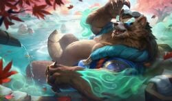 anthro bear belly blue_eyes bottomless brown_body brown_fur clothed clothing erection foreskin fur genitals glans hi_res hot_spring league_of_legends looking_at_viewer male male/male mammal musclegut muscular muscular_anthro muscular_male navel nude nude_anthro nude_edit nude_male overweight overweight_anthro overweight_male partially_submerged pecs penile penis riot_games siralduyyn smile smiling_at_viewer solo tencent third-party_edit uncircumcised unretracted_foreskin ursine vein veiny_penis volibear water
