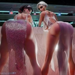 1futa 2futas 3d ashe_(overwatch) ass balls bar bent_over big_ass big_balls black_hair blizzard_entertainment cocktail d.va dress duo earrings futanari gigantic_penis huge_balls huge_cock icespruce3d massive_penis overwatch penis red_eyes red_hair translucent_clothing two_tone_hair white_hair
