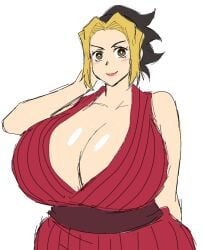 1girls 2d 2d_(artwork) 2d_artwork arms_crossed arms_crossed_under_breasts arms_under_breasts big_breasts black_and_blonde_hair breasts breasts_bigger_than_head demon_slayer female female_focus female_only hand_on_head hazel_eyes human japanese japanese_clothes japanese_female kimetsu_no_yaiba large_breasts lips makio_(kimetsu_no_yaiba) momiji_(artist) mommy_milkers red_clothing short_hair short_hair_female solo solo_female solo_focus two_tone_hair white_background wife