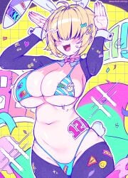 :3 :d bikini blush elegg_(nikke) fang goddess_of_victory:_nikke hair_over_eyes huge_breasts meme_attire plump rabbit_pose reverse_bunnysuit thick_thighs wide_hips