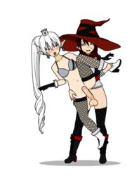 alternate_costume clothed_sex female fishnet fishnet_stockings fishnets futa_on_female futanari headwear heel_boots human intersex kisekae legwear pointy_ears ruby_rose rwby scar species_swap transparent_background vaginal_penetration weiss_schnee witch_hat