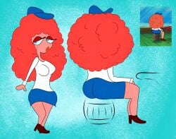 1girls afro ass blue_cap blue_eyes blue_skirt breasts female female_only fish freckles_on_face ginger high_heels oc reference_image sitting spongebob_squarepants sweater unknown_character white white_shirt