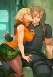 -_-abc 1boy 1girls ai_generated ashley_graham bulge kissing kissing_cheek laboratory large_breasts leon_scott_kennedy resident_evil resident_evil_4 skirt tights touching_bulge touching_penis uncomfortable