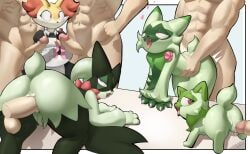 absurd_res alcohol anthro beverage bodily_fluids braixen canid canine clothing condom container cum cum_inside cum_string cup domestic_cat drakkie drinking_glass felid feline felis female feral floragato fur game_freak generation_6_pokemon generation_9_pokemon genital_fluids glass glass_container glass_cup green_body green_fur group hi_res humanoid maid_uniform male male/female mammal meowscarada nintendo pokemon pokemon_(species) sexual_barrier_device simple_background sprigatito thick_thighs uniform wide_hips wine wine_glass
