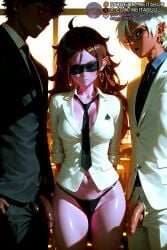 2boys ahoge ai_generated android_21 arms_behind_back back between_breasts black-framed_eyewear black_blindfold black_hair black_jacket black_necktie black_panties black_pants black_sclera black_suit blindfold blue_eyes breasts brown_hair classroom closed_mouth collared_shirt colored_sclera colored_skin covered_eyes dark-skinned_male dark_skin desk dragon_ball dragon_ball_super dragon_ball_z dress_shirt ear_piercing earrings elf erection female female_pubic_hair flaccid foreskin formal glasses glowing glowing_eyes hand_in_pocket hands_in_pockets hoop_earrings indoors jacket jewelry large_penis long_hair long_sleeves looking_at_another male male_pubic_hair medium_breasts meitabuu multiple_boys navel necktie no_pants open_mouth panties pants partially_unbuttoned penis piercing pink_skin pointy_ears pubic_hair purple_skin red_eyes school_desk shirt short_hair smile spade_(shape) standing straight suit uncensored uncircumcised underwear veins white_hair white_jacket white_shirt