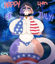 4th_of_july absurd_res anthro beanie big_breasts bikini blue_body blue_fur blush bodily_fluids body_hair bottomwear breasts calico_cat choker clothed clothing digital_media_(artwork) domestic_cat english_text epic_games eroticbuni felid feline felis female fortnite front_view fur hat headgear headwear hi_res holding_breast holidays jewelry legwear looking_down mammal meow_skulls necklace orange_body orange_fur outside piercing presenting smile solo stockings sweat swimwear tail text tongue tongue_out topwear two-piece_swimsuit wide_hips
