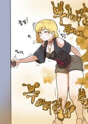 ass blonde_hair charlotte_(shironeko_project) fart fart_cloud fart_fetish farting gasbox hand_on_ass hand_on_butt need_to_poop shironeko_project sweating trembling