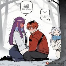 1boy 2girls :3 =_= ai_generated black_hair blue_scarf blunt_bangs blush breasts coat dress elf english_text fern_(sousou_no_frieren) frieren frieren_beyond_journey's_end grey_hair jacket long_hair long_sleeves multicolored_hair multiple_girls outdoors pants patreon_username pointy_ears purple_eyes purple_hair red_eyes red_hair red_jacket scarf seiza short_hair sitting sousou_no_frieren speech_bubble stark_(sousou_no_frieren) straight tillian tree trembling twintails two-tone_hair white_hair