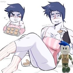 1man apron blue_hair cookie forsaken_(roblox) guest_1337_(forsaken) guest_1337_(the_last_guest) lying muscle muscles plushie snack socks