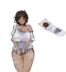 1girls big_breasts blush bottomless brown_hair cat___nip limbus_company nipples nipples_visible_through_clothing orange_eyes outis_(limbus_company) presenting project_moon pussy_juice see-through_clothing short_hair solo standing sweat thick_thighs