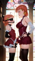 2girls age_difference ahoge ai_generated armpits arms_behind_back ball_gag bare_shoulders black_blindfold black_bow black_thighhighs blindfold blush bondage bound bound_arms bound_wrists bow braid breasts bulge censored chained chains clover_hair_ornament collar covered_eyes detached_sleeves erection erection_under_clothes female femdom frills from_side futa_with_female futanari futasub gag gagged hair_ornament hairbow hand_on_own_hip incest indoors intersex large_breasts leash long_sleeves looking_at_another love_live! love_live!_sunshine!! meitabuu multiple_girls onee- open_mouth orange_hair penis pleated_skirt profile red_dress red_eyes red_skirt red_vest restrained selfcest sex_toy short_hair skindentation skirt small_breasts smile stained_glass standing takami_chika thighhighs wiffle_gag